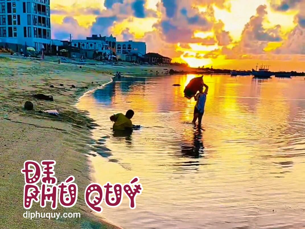 Chiều xuống, biển khoác lên mình chiếc áo vàng óng của nắng cuối ngày, Tấn Lợi Phú Quý